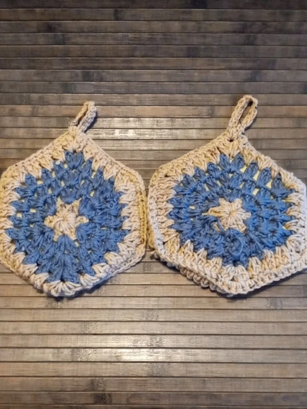 Vintage Handmade Blue and Cream Crochet Pot Holders - Set of